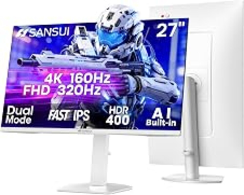 SANSUI 27" 4K Gaming Monitor, UHD 160Hz or FHD 320Hz Dual Mode PC Monitor- Fast IPS 1ms(OD) 丨2×HDMI2.1丨2×DP 1.4丨Built-in Speakers丨Eye Care丨AI Crosshair丨PIP/PBP丨HDR400丨Rotating/Height Adjustable