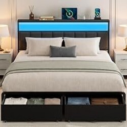 UHTN Queen Bed Frame with 2 Storage Drawers, Grey Upholstered | Headboard with Charging Station and LED Lights, Metal Platform Bed with Storage Shelf, Noise Free, No Box Spring Needed