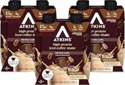 Atkins Mocha Latte Iced Coffee Flavored High Protein Shake, 12 Count | 15g Protein, 4g Net Carbs, 1g Sugar, 3g Fiber, Contains Caffeine, Ready to Drink, 11fl oz, 3 Pack of 4 Count Shakes