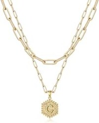 M MOOHAM Dainty Initial Necklaces for Women, 14K-Gold-Plated Layering Necklace for Women Cute Hexagon Letter Initial Necklace Layered Necklaces for Womens Teen Girl Gifts