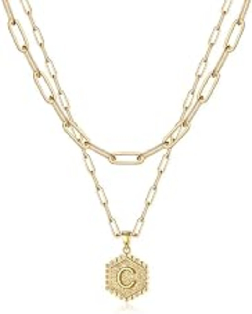M MOOHAM Dainty Initial Necklaces for Women, 14K-Gold-Plated Layering Necklace for Women Cute Hexagon Letter Initial Necklace Layered Necklaces for Womens Teen Girl Gifts