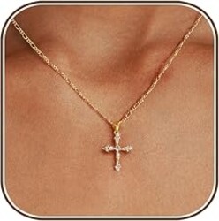 Cross Necklace for Women,14K Gold Plated Cross Pendant Necklace Jewelry | Dainty Gold Cross Charm Necklaces,Box Figaro Beads Chain,Non Tarnish Trendy Christian Faith Jewelry,Small Simple Cute Gifts