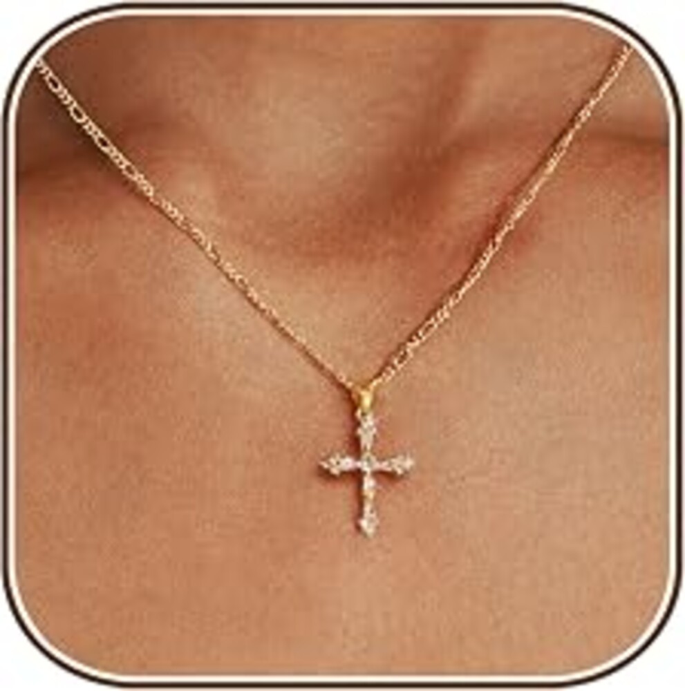 Cross Necklace for Women,14K Gold Plated Cross Pendant Necklace Jewelry | Dainty Gold Cross Charm Necklaces,Box Figaro Beads Chain,Non Tarnish Trendy Christian Faith Jewelry,Small Simple Cute Gifts