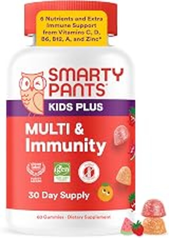SmartyPants Kids Plus Multi & Immunity Multivitamin Gummies with Vitamins C, D, B6, B12, A, Zinc, Biotin, Iodine, Gluten Free, Clean Label, Two Fruit Flavors, 60 Gummies (30 Day Supply)