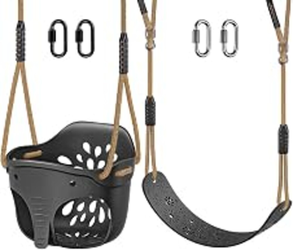 SELEWARE High Back Full Bucket Toddler Swing and Kids Swing Seat, Black | Heavy-Duty Soft Elephant Baby Swing & Kids Tree Swing w/Adjustable Ropes & Carabiners for Indoor/Outdoor Backyard Playground