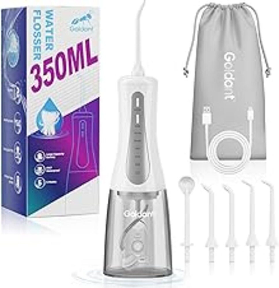 GOLDANT 2026 New 350ML Water Dental Flosser Teeth Pick with Bag, 5 Modes Portable Cordless Oral Irrigator Cleaner, Electric Rechargeable IPX7 Waterproof for Home Travel Teeth Cleaning Flossing (White)
