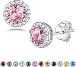 Bestyle Sparkling 925 Sterling Silver Birthstone Stud Earrings for Women, Heart/Round/Teardrop/Square Solitaire Diamond Studs Earrings, Great Birthday/Christmas Gifts