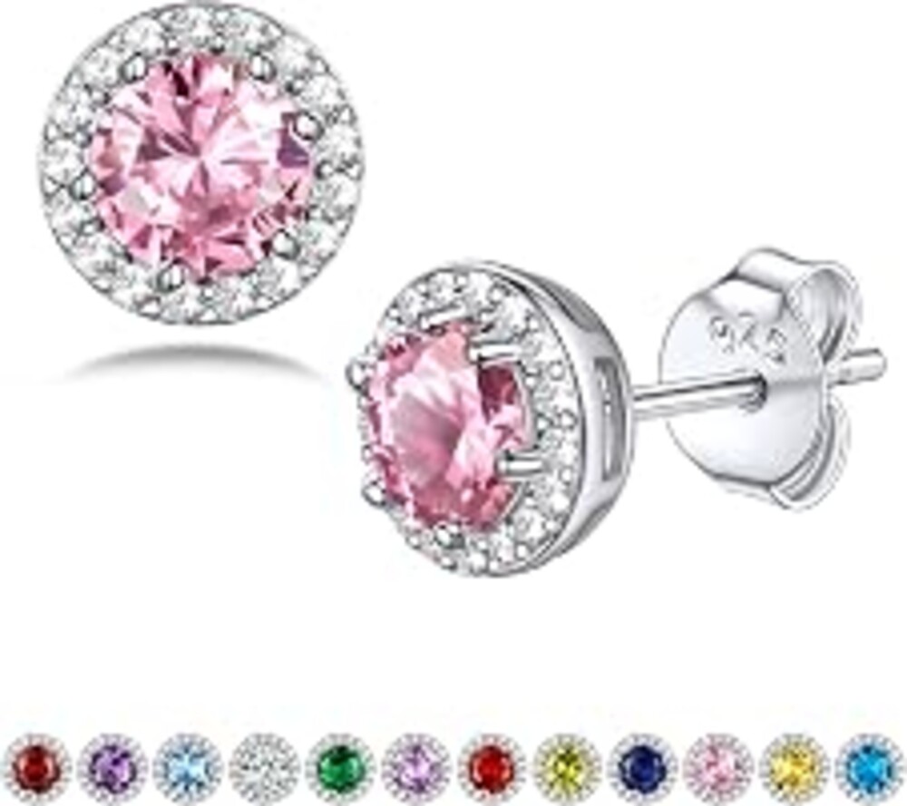 Bestyle Sparkling 925 Sterling Silver Birthstone Stud Earrings for Women, Heart/Round/Teardrop/Square Solitaire Diamond Studs Earrings, Great Birthday/Christmas Gifts
