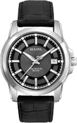 Bulova Men's Precisionist 3-Hand Calendar in Stainless Steel with Black Leather Strap and Black Patterned Dial Style: 96B158
