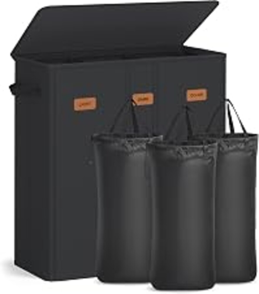SONGMICS 160L Laundry Hamper, 4-Compartment Laundry Sorter with Lid | Laundry Basket, Labels, Removable Liner Bags, for Bedroom, Ink Black, TINA Collection URLH013B01