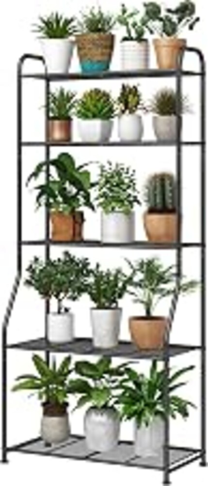 Simple Trending Plant Stand 5-Tier Plant Shelf for Indoor Outdoor, Waterproof Metal Tall Plant Stand for Living Room Bathroom Balcony Garden, Black