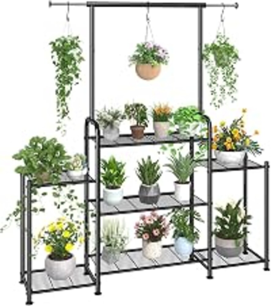 Simple Trending Plant Stand Indoor Outdoor, Metal 3 Tier Tall Hanging Plant Shelf for Multiple Flower Planter Large Heavy Duty Ladder Plant Holder for Garden, Black