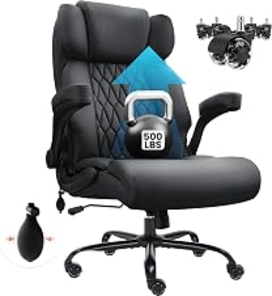 500lbs Big and Tall Office Chair Adjustable Lumbar Support for Back Pain, Extra Wide Seat Executive Office Chair Thick Armrest Pad, Heavy Duty Base&Upgraded Wheels, Ergonomic Desk Chair