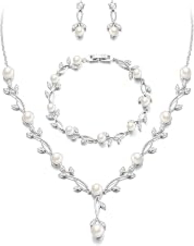 EVER FAITH Cubic Zirconia Pearl Leaf Bridal Jewelry Set for Bride Women | White Wedding Prom Necklace Dangle Earrings Bracelet, for Bridesmaid