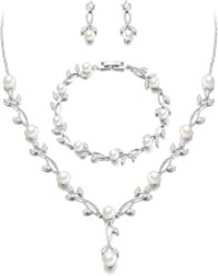 EVER FAITH Cubic Zirconia Pearl Leaf Bridal Jewelry Set for Bride Women | White Wedding Prom Necklace Dangle Earrings Bracelet, for Bridesmaid