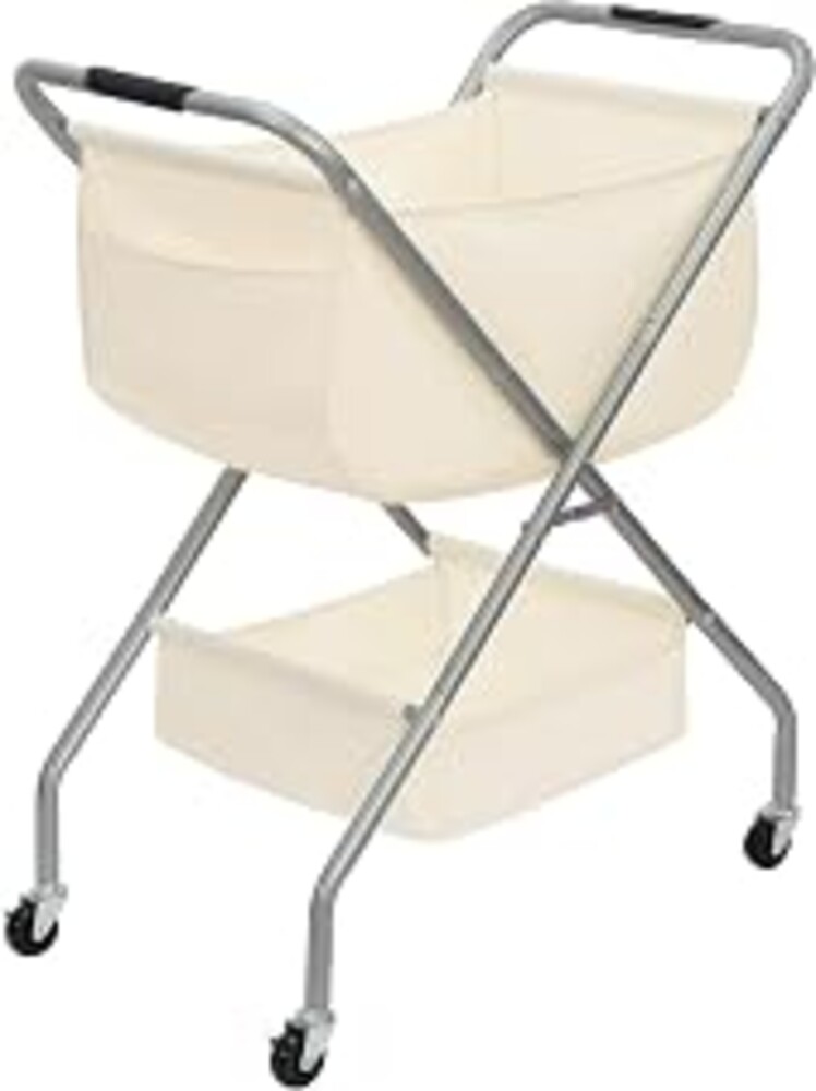 STORAGE MANIAC Collapsible Laundry Cart with Wheels 31.5"H Rolling Laundry Hamper Clothes Basket with Wheels, Canvas Liner Sturdy Steel Frame Folding for Small Narrow Space Easy Storage, Beige
