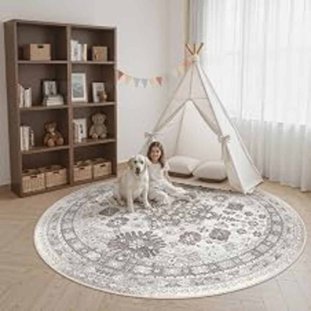 zesthome Round Rug 8ft,Circle Rug for Dining Room Table,Brown | Washable Rugs for Kitchen,Entryway,Bedroom,Dining Room,Nursery Room,Thin,Soft Runner Rug,Stain Resistant Indoor Carpet