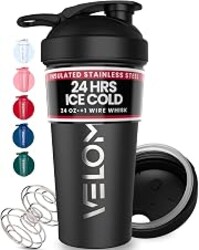 VELOMIX 24oz Stainless Steel Shaker Bottle with Wire Whisk, Black | Wire Whisk Included, Leak Proof, No Clumps, Insulated, For Protein Shakes and Smoothies, Odor and Stain Resistant