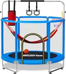 BLUERISE 55IN 6FT Indoor&Outdoor with Enclosure Trampoline for Kids Gift | Indoor&Outdoor Trampoline for kids，With Enclosure，Basketball Hoop，Swing，Adjustable Gym Bar，No-Gap Design，Anti-Rollover Bottom