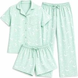 US Angels Girls Pajama Set 3 Piece, Short Sleeve Button Down PJs with Shorts & Pants, Soft Sleepwear Girls & Tweens Size 5-16