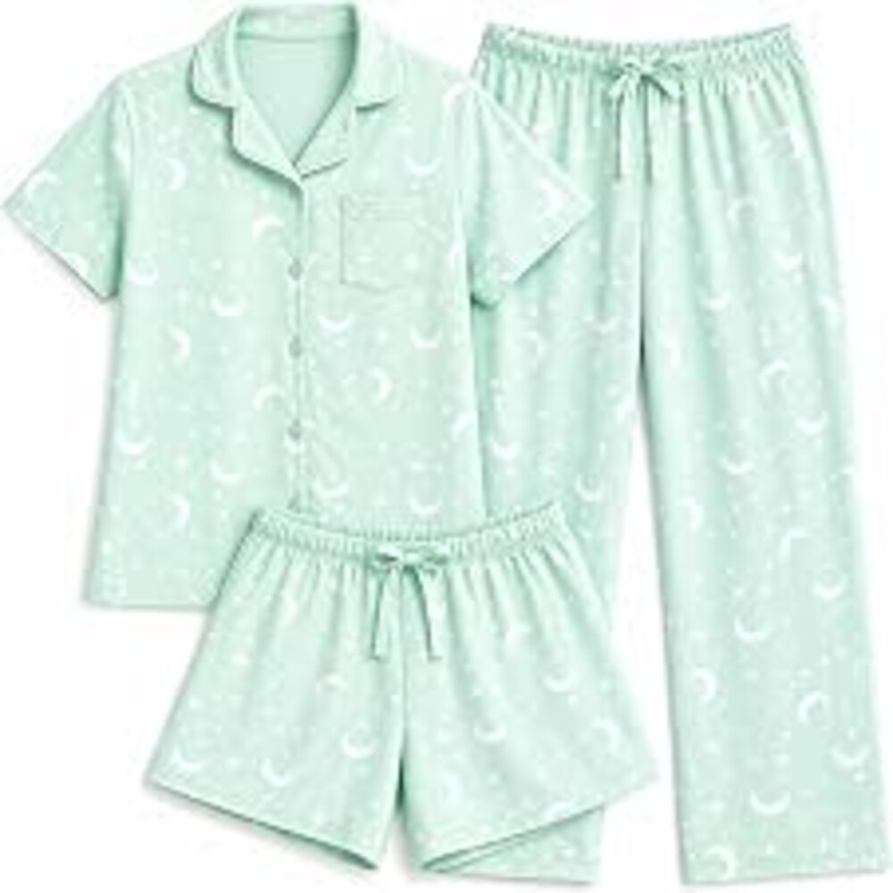 US Angels Girls Pajama Set 3 Piece, Short Sleeve Button Down PJs with Shorts & Pants, Soft Sleepwear Girls & Tweens Size 5-16
