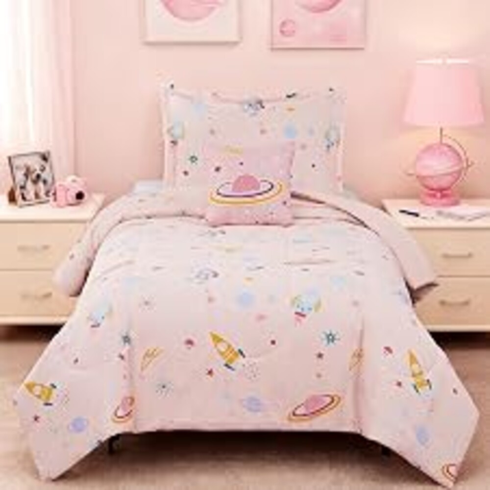 Twin Comforter Set for Girls - 3 Pieces Space Bedding Twin Bedding Sets | Glow in the Dark Kids Comforter Set, Girls Bedding with 1 Space Comforter, 1 Decor Pillow, 1 Pillow Sham
