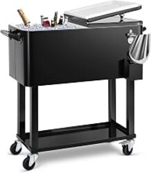 EDOSTORY 80 Qt Rolling Ice Chest Cooler Cart, Stand Up Cooler Trolley | Patio Beverage Cooler Trolley with Wheels,Outdoor Drink Bar Stand for Backyard Party, Includes Serving Tray, Ice Scoop