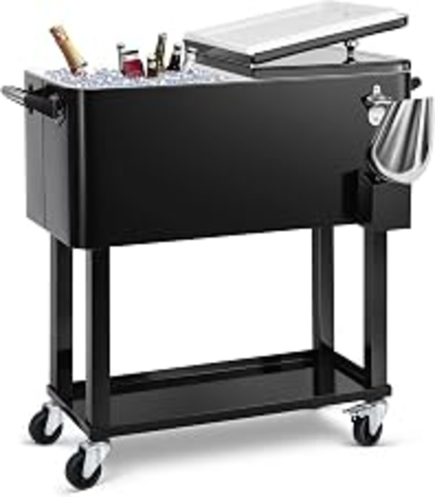 EDOSTORY 80 Qt Rolling Ice Chest Cooler Cart, Stand Up Cooler Trolley | Patio Beverage Cooler Trolley with Wheels,Outdoor Drink Bar Stand for Backyard Party, Includes Serving Tray, Ice Scoop