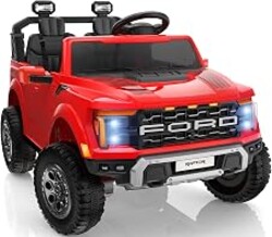 First Ride On 24V 2 Seater Ride on Toys for Kids, Licensed Ford F-150 Raptor Kids Electric Vehicles w/Remote Control, Power Pedal and Durable Wheels, LED Lights, Bluetooth, Truck Bed Storage (Red)