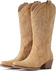 IUV Cowboy Boots For Women Western Cowgirl Boots Mid Calf Snip Toe | Chunky Heel Ideal for low insteps