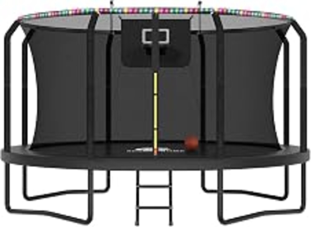 8-16FT Outdoor Trampoline with Net, Basketball Hoop & LED Lights