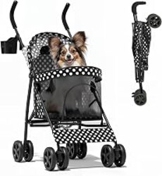 Magshion Compact Fold Pet Travel Stroller for Small Dogs Cats | Up to 22lbs, 4-Wheel Lightweight Umbrella Shaped Design, Safety Tethers, Breathable Mesh, Cup Holder & Rear Storage
