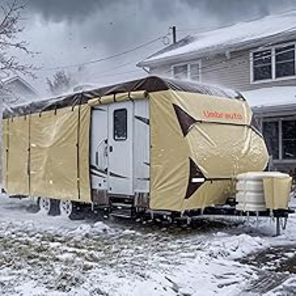 Umbrauto Travel Trailer RV Cover 30' ~ 33' – Upgraded 9-Layers Top Camper Cover, Waterproof & Windproof Heavy Duty Toy Hauler RV Cover for Winter Snow with Tongue Jack Cover, Gutter Covers