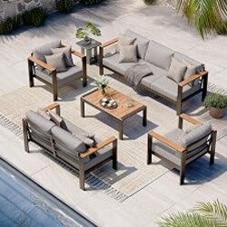 Oasbira Aluminum Outdoor Patio Furniture Set with Coffee Table, 5 Piece Patio Conversation Sets, Outdoor Sectional Furniture for Porch, Balcony, Yard, Gray