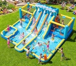 FBSPORT Bounce House Water Slide, 3 Slides 2 Bouncers for Kids Backyard | 10-in-1 Water Park Inflatable Bouncy Castle Outdoor Indoor Play, 950W Blower for Easy Setup, Safe & Durable, Summer Splash
