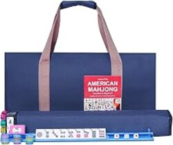 GUSTARIA American Mahjong Game Set, 166 Premium White Tiles, 4 All-in-One Color Rack/Pushers, Complete Mahjong Set Blue Carrying Bag