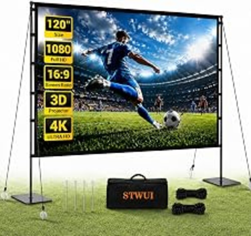 120 Inch Outdoor Projector Screen with Stand, 16:9 4K HD Portable Movie Screen, Lightweight Indoor Outdoor Projector Screen, Wrinkle-Free Screen with Carry Bag for Backyard, Camping, Home Theater