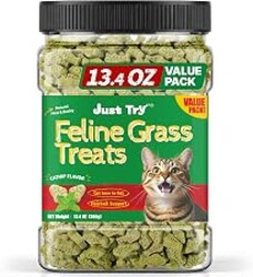 Just Try Cat Grass Treats for Indoor Cats Hairball Control 13.4 OZ | Catnip for Cats,Dental Care,Natural Salmon,Healthy Cat Grass Treats,Kitten Snacks,Training Biscuits