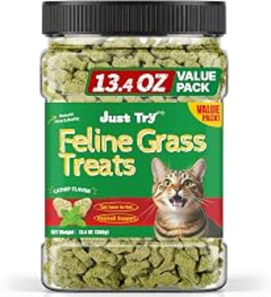 Just Try Cat Grass Treats for Indoor Cats Hairball Control 13.4 OZ | Catnip for Cats,Dental Care,Natural Salmon,Healthy Cat Grass Treats,Kitten Snacks,Training Biscuits