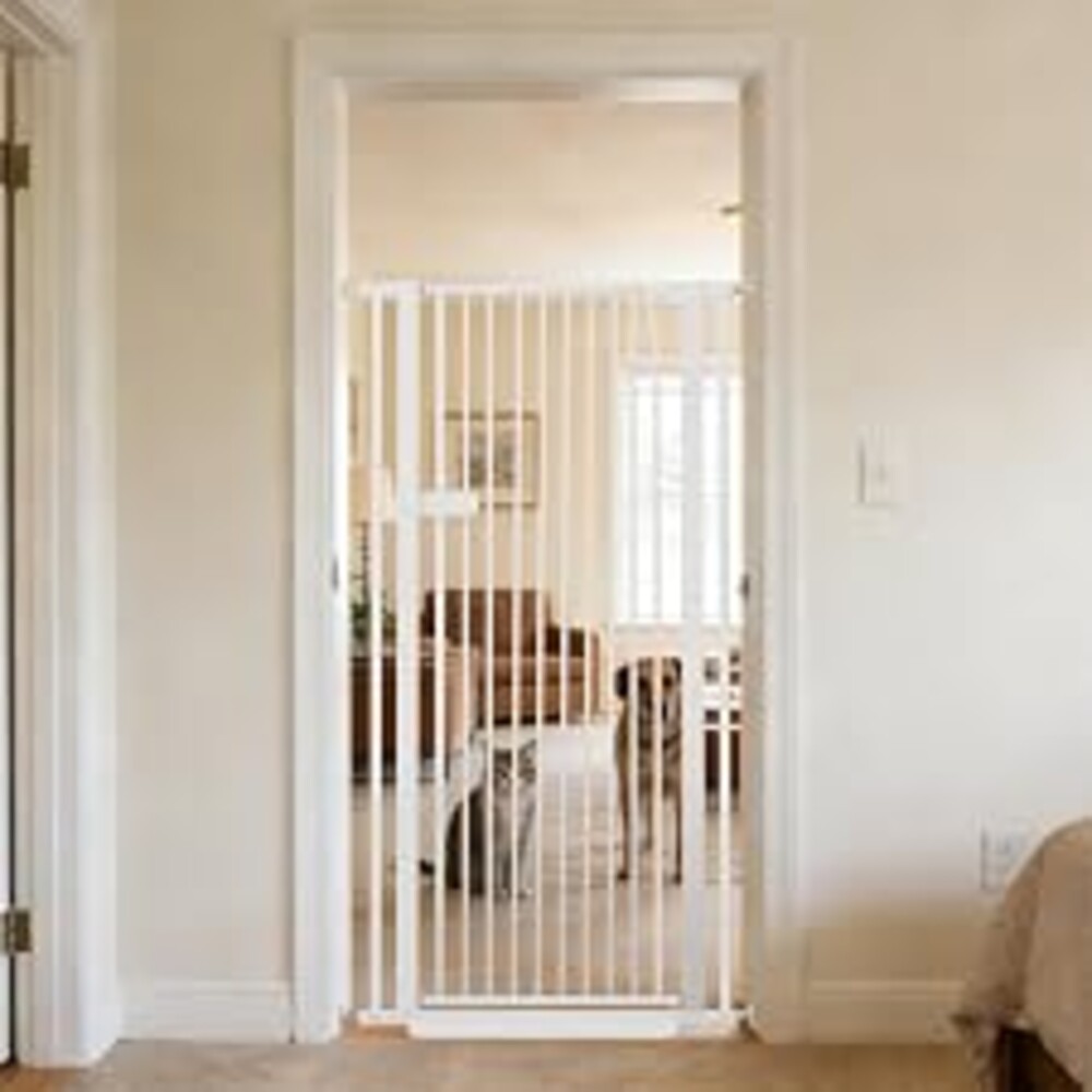Lumizone Extra Tall Cat Gate 55.12" High 29.92"-34.24" Wide Pet Gate White | Dog Gate for Doorway Hallway Stairs Pressure Mounted Extra Wide 1.37" Gap No Drilling Auto-Close One-Handed Operation