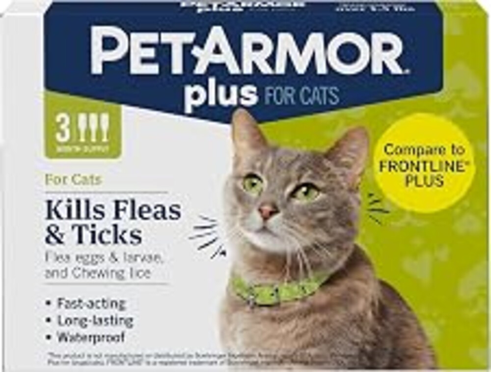 PetArmor Plus Flea and Tick Prevention for Cats, Cat Flea and Tick Treatment, 3 Doses, Waterproof Topical, Fast Acting, Cats Over 1.5 lbs | Ideal for Cats 1.5 lbs+; Kills Fleas, Eggs, Larvae, Ticks & Lice; 3-month supply; Waterproof Cat Topical