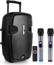 Pyle Karaoke Portable 15-inch PA Speaker System - 1600W Active Powered Bluetooth Compatible Speaker, Rechargeable Battery, Easy Carry Wheels, USB MP3 RCA, FM Radio, 2 UHF Microphone