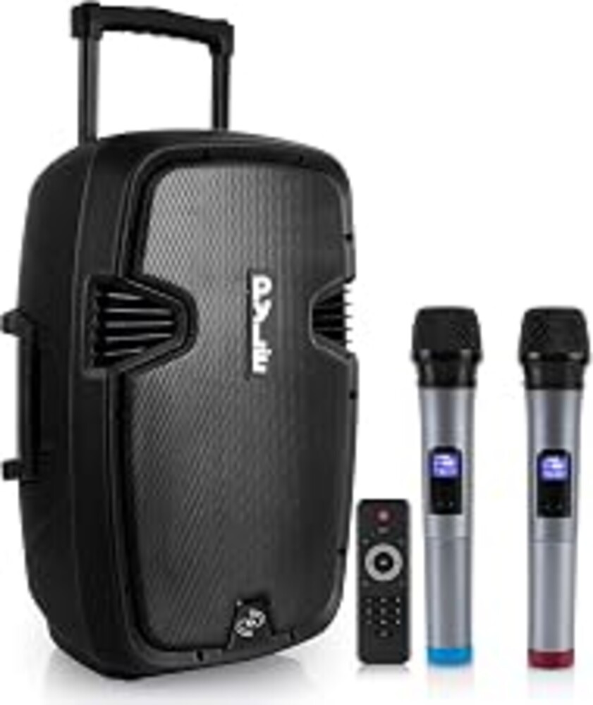 Pyle Karaoke Portable 15-inch PA Speaker System - 1600W Active Powered Bluetooth Compatible Speaker, Rechargeable Battery, Easy Carry Wheels, USB MP3 RCA, FM Radio, 2 UHF Microphone