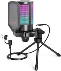 FIFINE AmpliGame A6V USB Gaming Microphone, Condenser RGB Mic for Streaming | Quick Mute, RGB, Gain Control, Tripod Stand, Pop Filter, Shock Mount, for PC/PS5 Discord Twitch Podcasts Videos YouTube