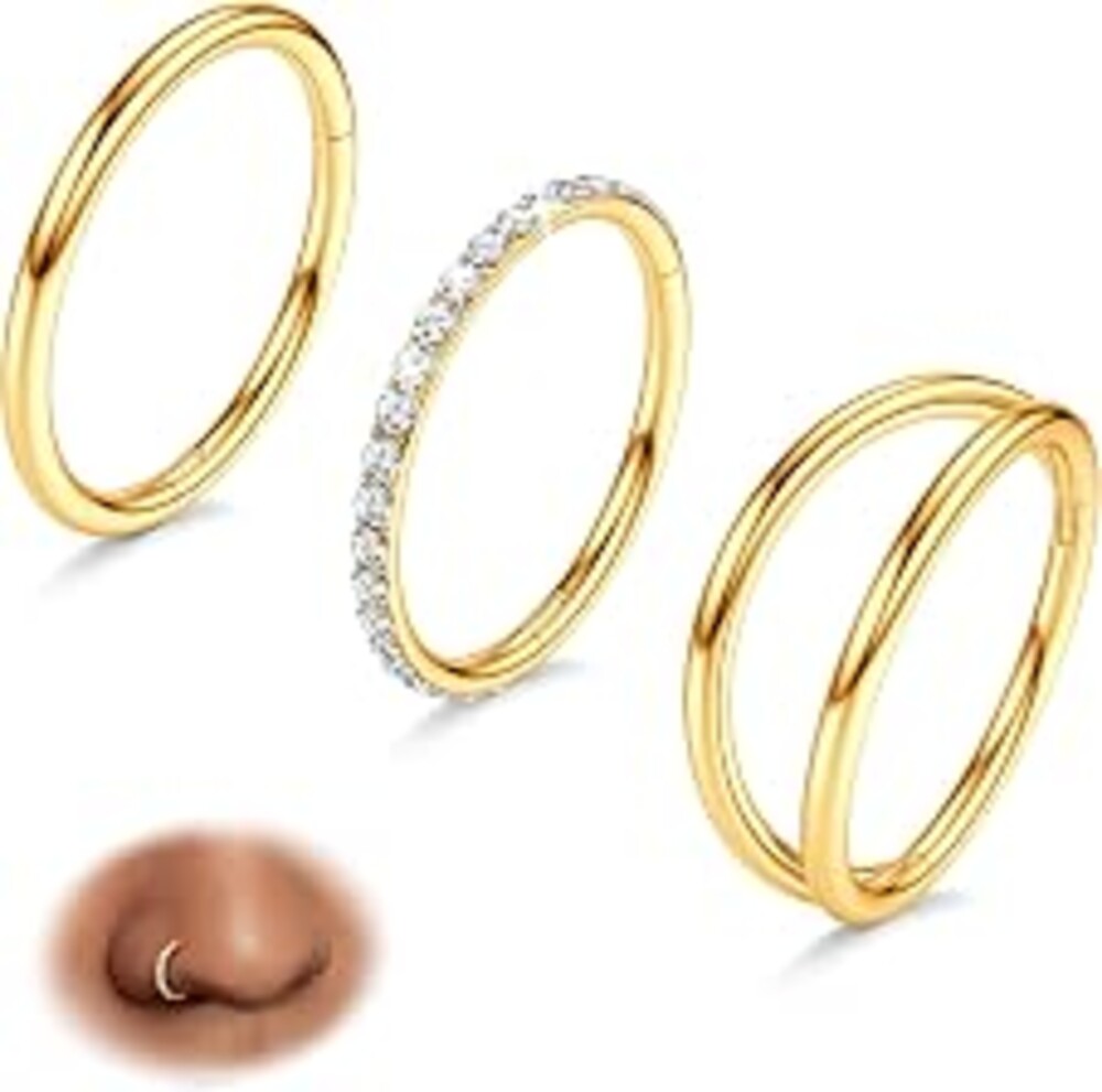 316L Stainless Steel Nose Rings Hoops Septum Ring for Women 14K Gold Plated | 3 Pieces 14/16/18/20G Hinged CZ Double Hoop Septum Clicker Piercing Jewelry for Cartilage Helix Tragus Rook Daith 7/8/9/10mm