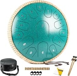 HOPWELL Steel Tongue Drum - 13 Inches 15 Notes Tongue Drum - Hand Pan Drum with Music Book, Handpan Drums Mallets and Carry Bag, D Major (Malachite Green)