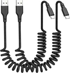 Quickeep Car Carplay Cable 2Pack 3ft Coiled USB A to USB C Fast Charge Cord | for iPhone 17/16/15/Plus/Pro Max/MacBook Pro, Auto Coiled Retractable iPhone Car Cord