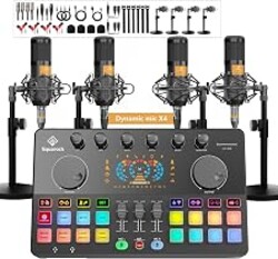Podcast Equipment Bundle for 4, M100 Audio Mixer, Dynamic Mics, Recording | Studio‑quality sound with 4 microphones,noise‑reduction,multi‑channel control for streaming,fits PC and smartphone