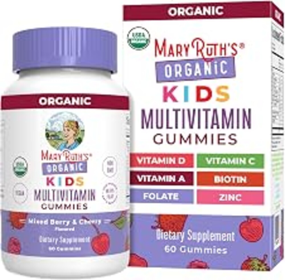 MARYRUTH'S USDA Organic Multivitamin Gummies, Ages 4+, Kids Vitamins, 60ct | 1 Month Supply, Vegan, Only 2 Gummies a Day, Non-GMO