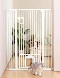 No Pawblems 55" Extra Tall Pet Gate with Cat Door, 29"-43" Dog Gate Indoor | NO Drilling Pressure Mounted for Doorways/Hallways, 1.37" Bar Spacing Keeps Pets Separated, One-handed Operation, White